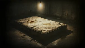 A torn mattress on the floor beside peeling wallpaper revealing old children’s crayon drawings