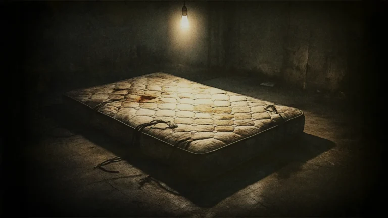 A torn mattress on the floor beside peeling wallpaper revealing old children’s crayon drawings