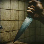 A hand gripping a large knife in a dirty tiled bathroom