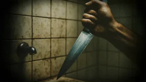 A hand gripping a large knife in a dirty tiled bathroom