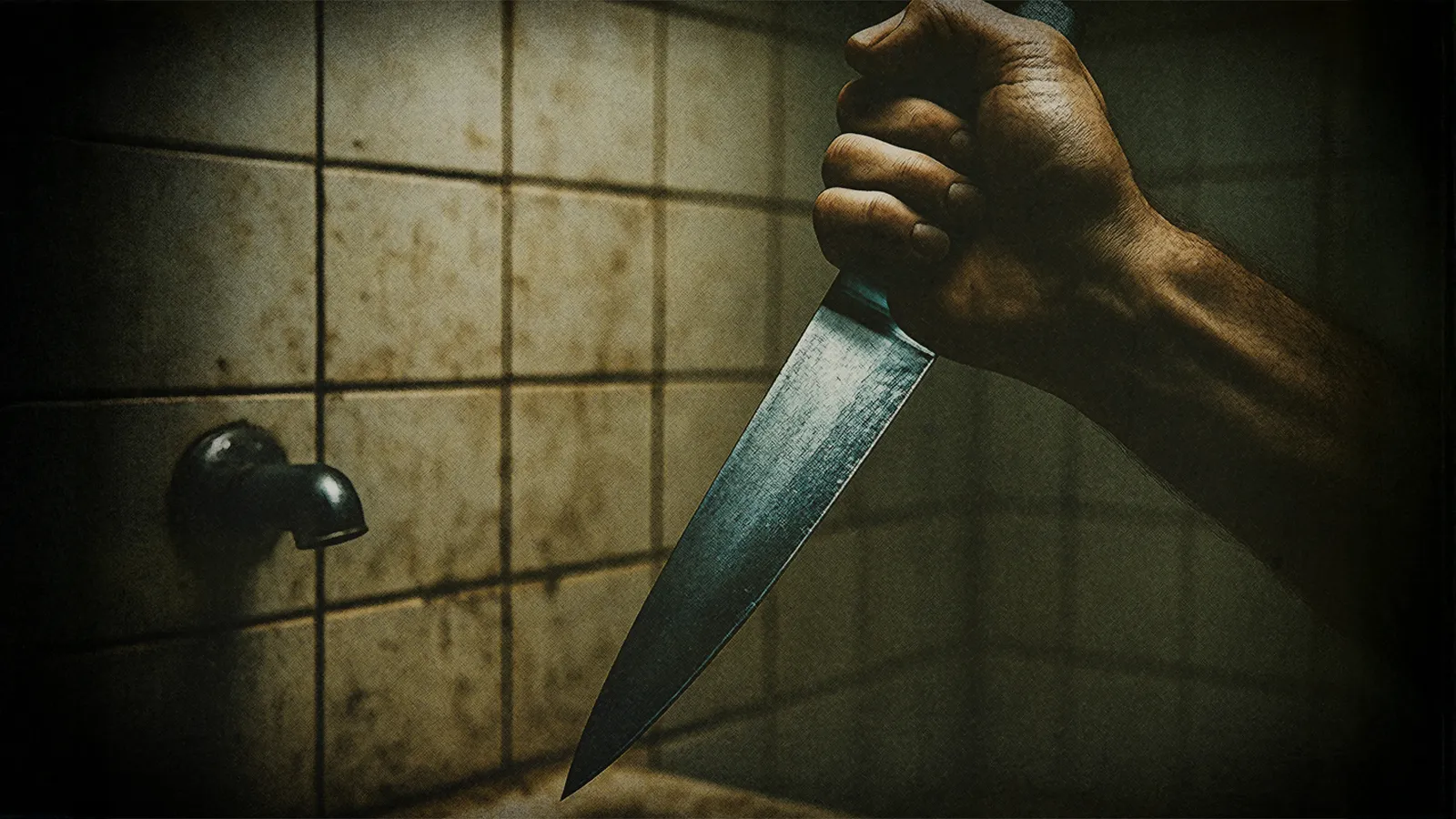 A hand gripping a large knife in a dirty tiled bathroom